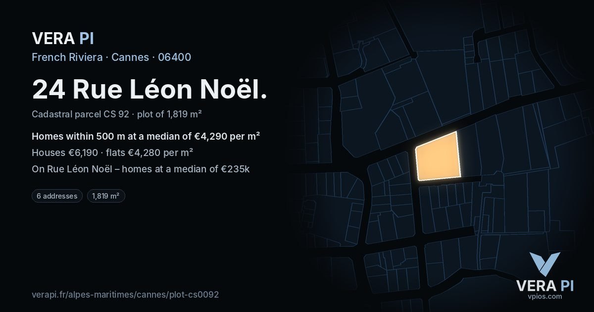 24 Rue Léon Noël, Cannes at night – the plot lit, the parcels around coloured by the prices near them
