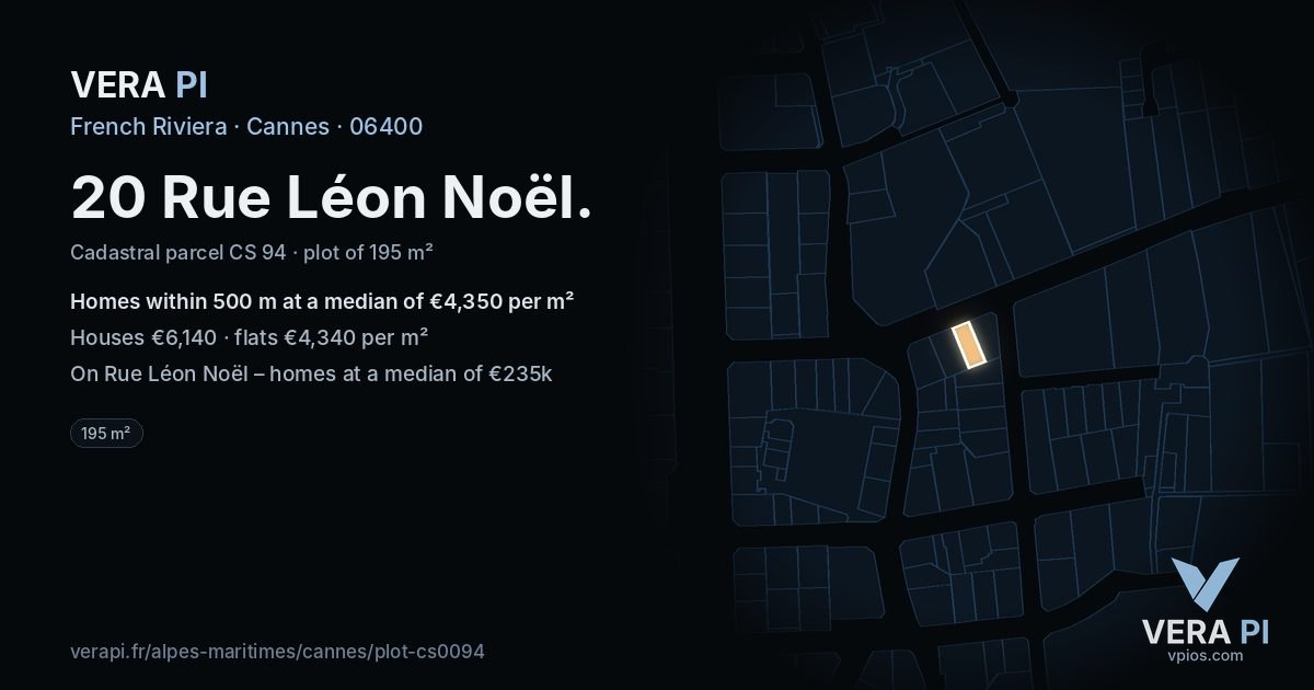 20 Rue Léon Noël, Cannes at night – the plot lit, the parcels around coloured by the prices near them