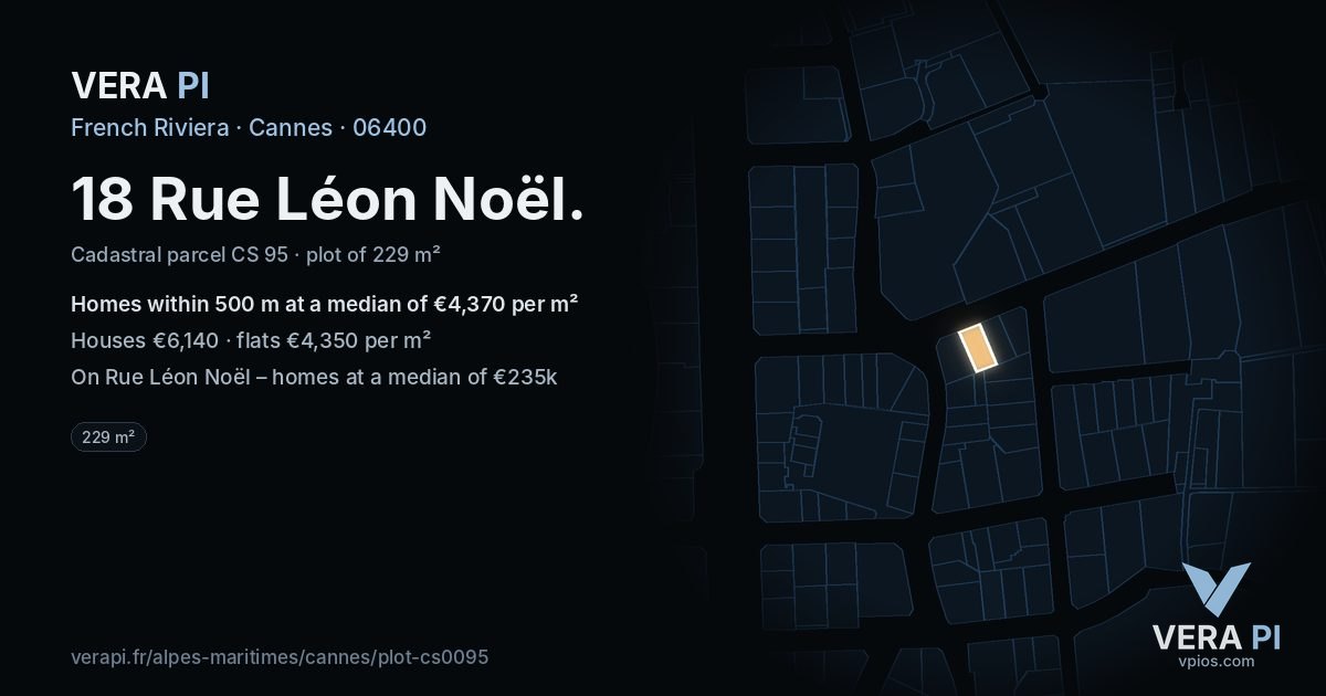 18 Rue Léon Noël, Cannes at night – the plot lit, the parcels around coloured by the prices near them