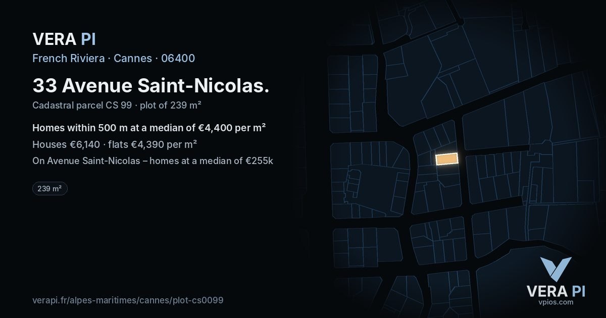 33 Avenue Saint-Nicolas, Cannes at night – the plot lit, the parcels around coloured by the prices near them