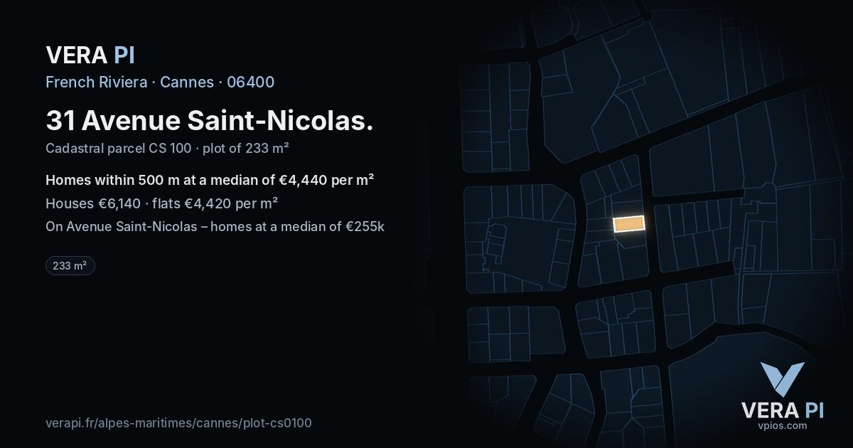 31 Avenue Saint-Nicolas, Cannes at night – the plot lit, the parcels around coloured by the prices near them