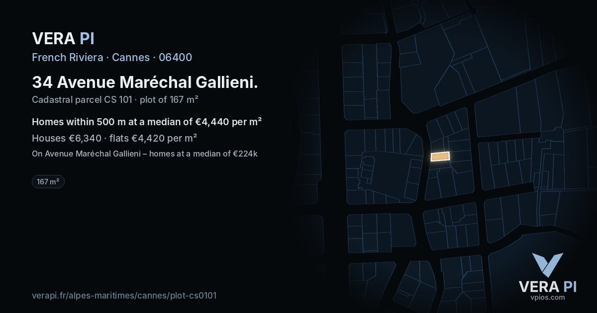 34 Avenue Maréchal Gallieni, Cannes at night – the plot lit, the parcels around coloured by the prices near them