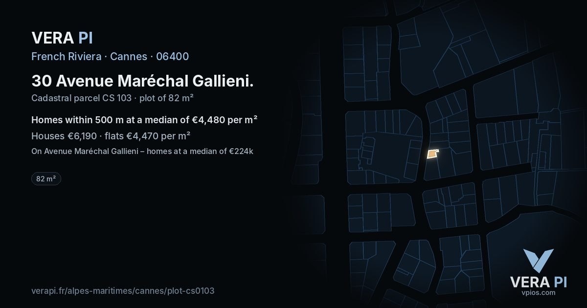 30 Avenue Maréchal Gallieni, Cannes at night – the plot lit, the parcels around coloured by the prices near them