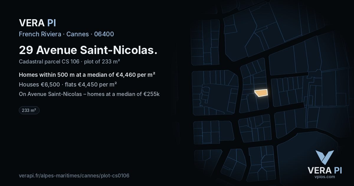 29 Avenue Saint-Nicolas, Cannes at night – the plot lit, the parcels around coloured by the prices near them