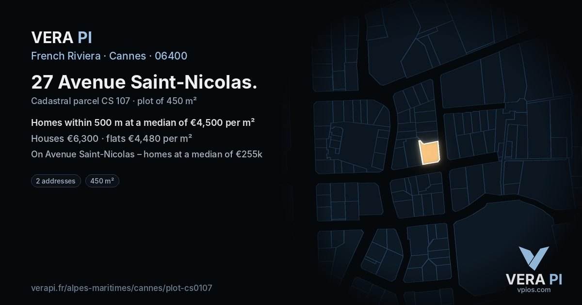27 Avenue Saint-Nicolas, Cannes at night – the plot lit, the parcels around coloured by the prices near them