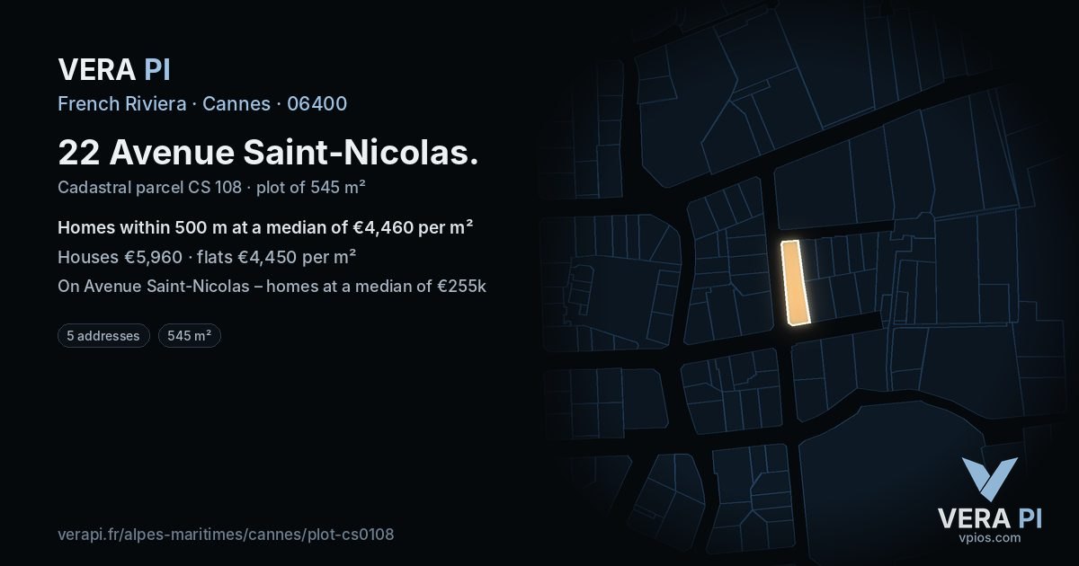 22 Avenue Saint-Nicolas, Cannes at night – the plot lit, the parcels around coloured by the prices near them