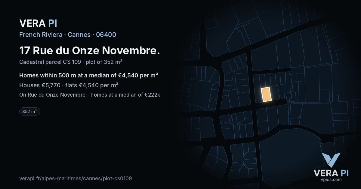 17 Rue du Onze Novembre, Cannes at night – the plot lit, the parcels around coloured by the prices near them