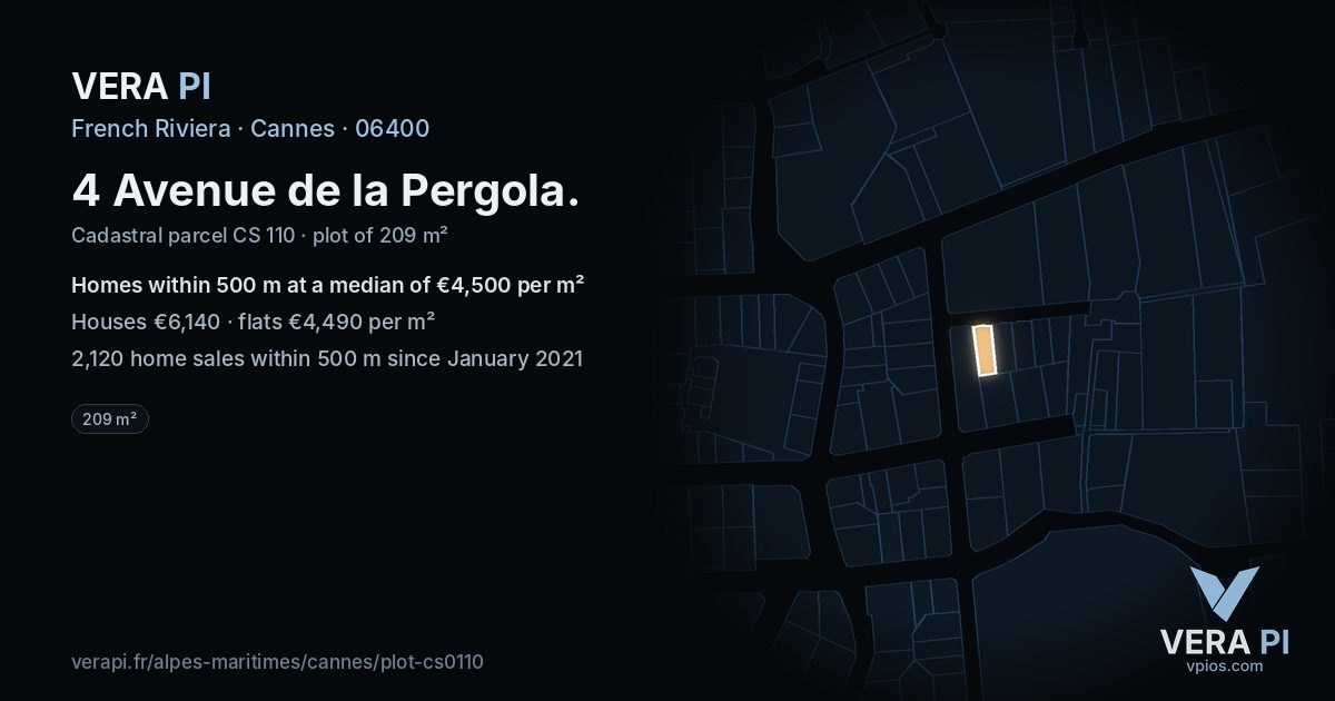 4 Avenue de la Pergola, Cannes at night – the plot lit, the parcels around coloured by the prices near them
