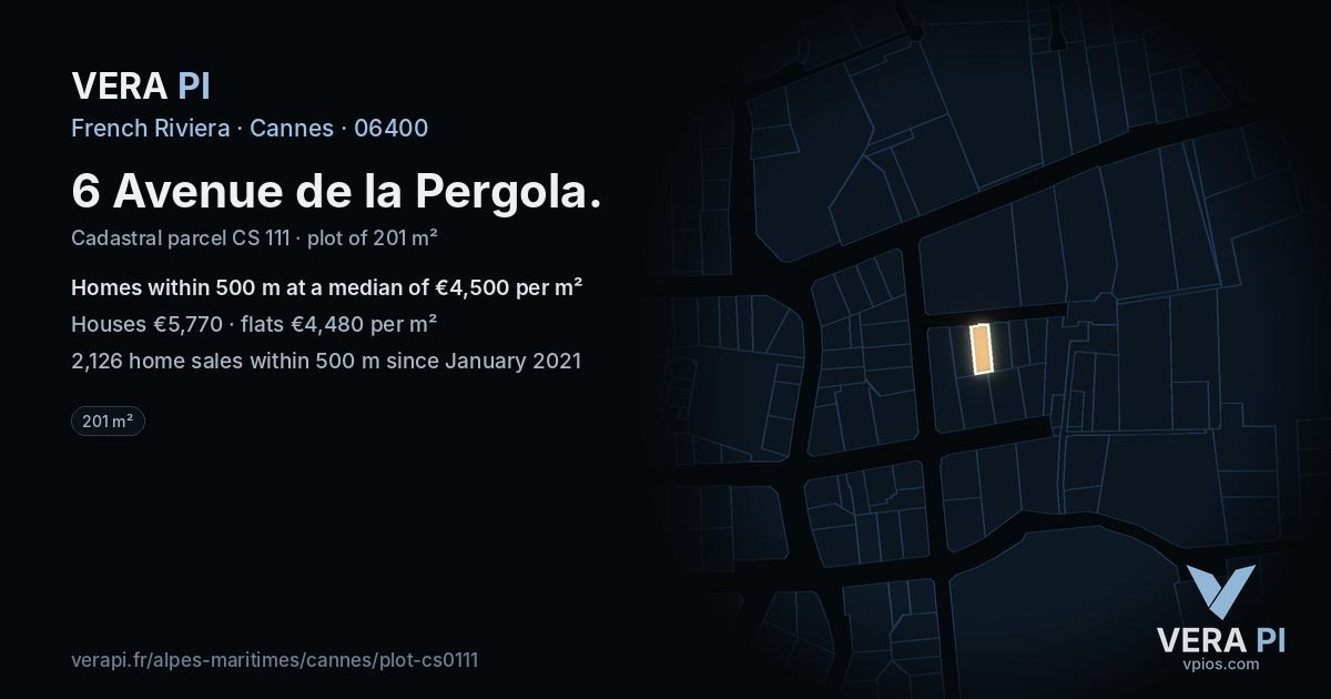 6 Avenue de la Pergola, Cannes at night – the plot lit, the parcels around coloured by the prices near them