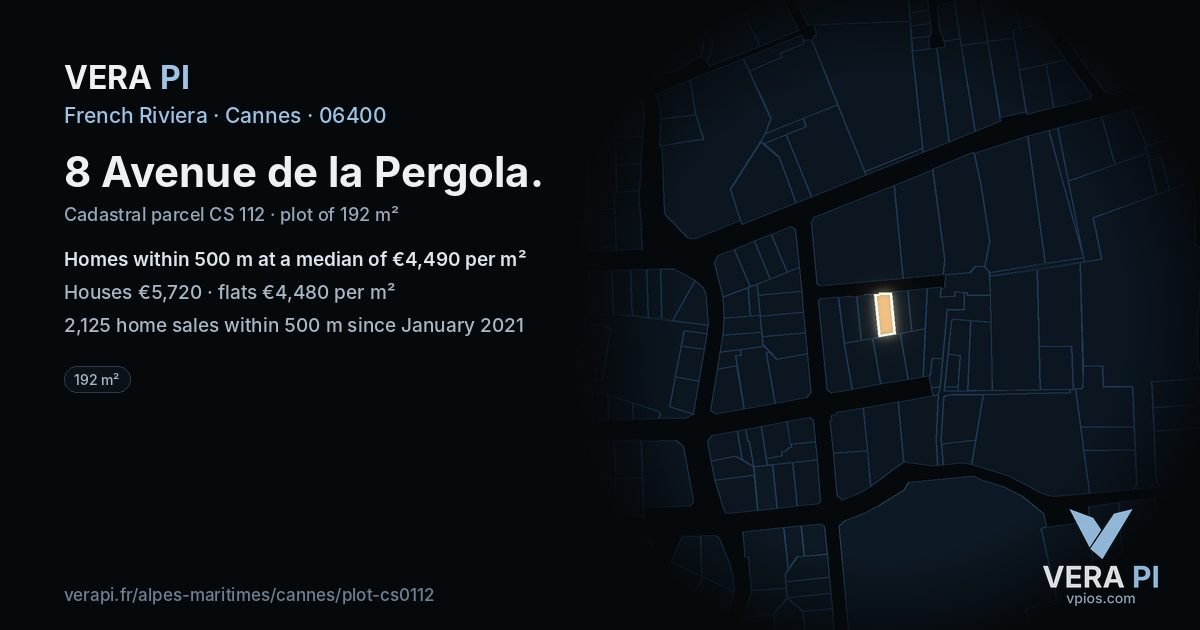 8 Avenue de la Pergola, Cannes at night – the plot lit, the parcels around coloured by the prices near them