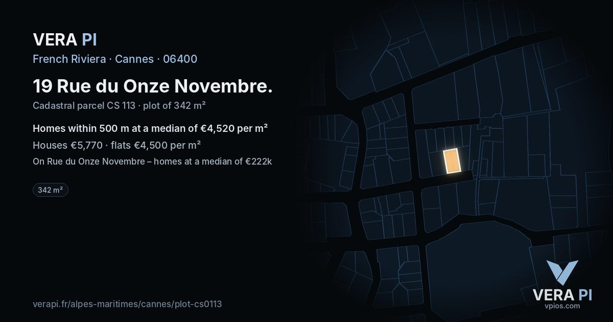 19 Rue du Onze Novembre, Cannes at night – the plot lit, the parcels around coloured by the prices near them