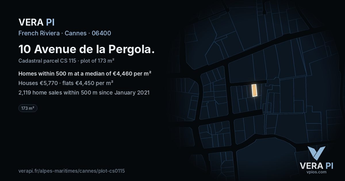 10 Avenue de la Pergola, Cannes at night – the plot lit, the parcels around coloured by the prices near them