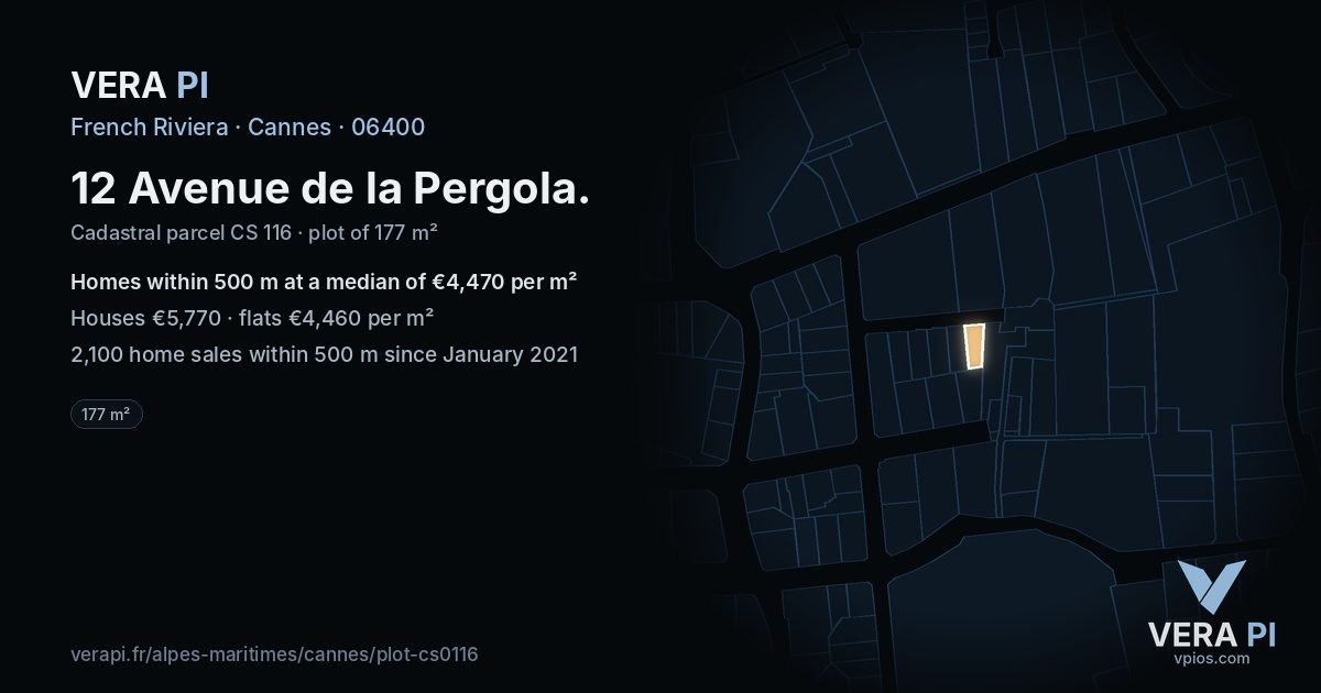 12 Avenue de la Pergola, Cannes at night – the plot lit, the parcels around coloured by the prices near them
