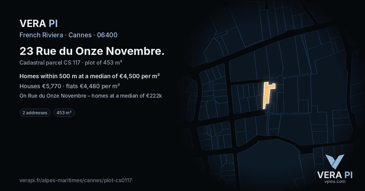 23 Rue du Onze Novembre, Cannes at night – the plot lit, the parcels around coloured by the prices near them