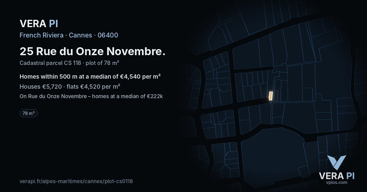 25 Rue du Onze Novembre, Cannes at night – the plot lit, the parcels around coloured by the prices near them