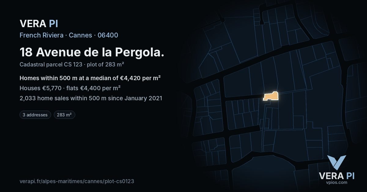 18 Avenue de la Pergola, Cannes at night – the plot lit, the parcels around coloured by the prices near them