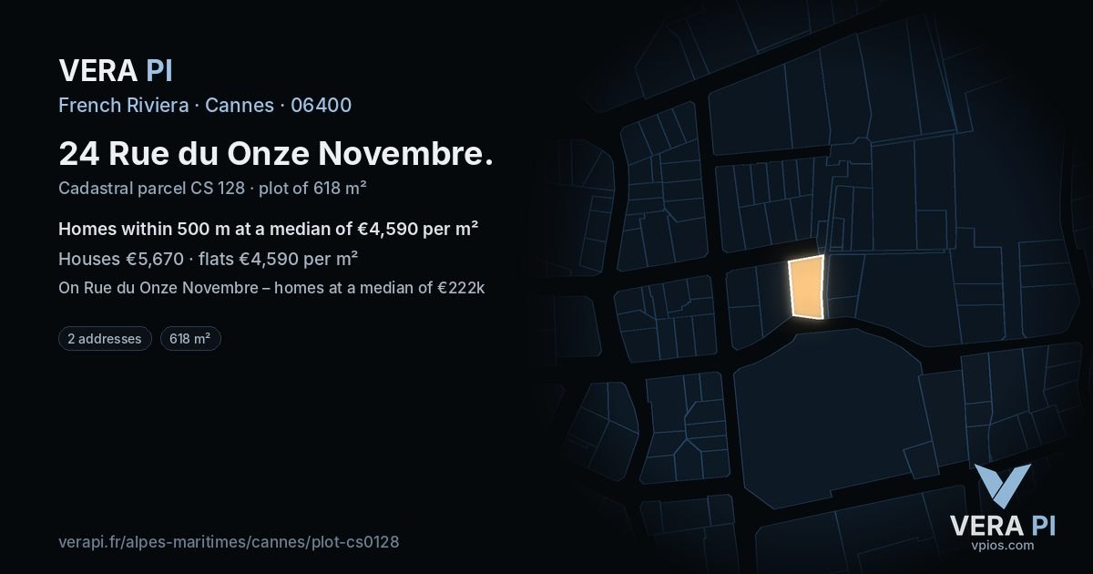 24 Rue du Onze Novembre, Cannes at night – the plot lit, the parcels around coloured by the prices near them