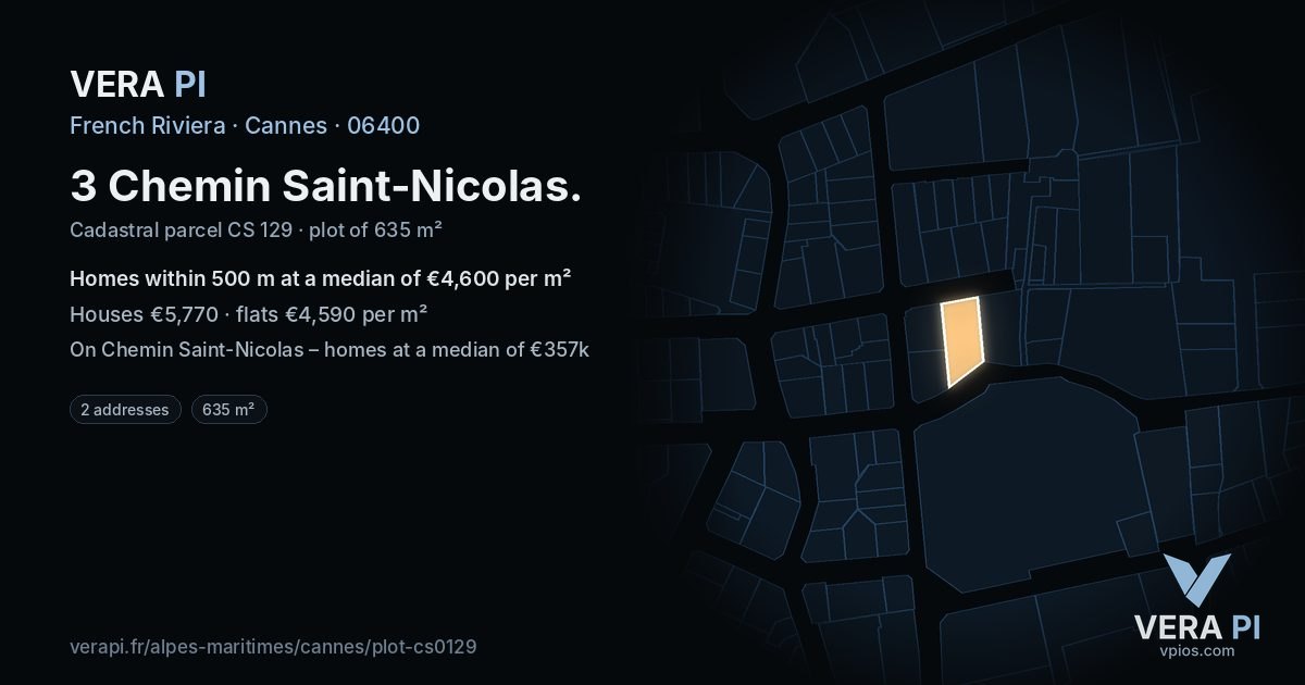 3 Chemin Saint-Nicolas, Cannes at night – the plot lit, the parcels around coloured by the prices near them