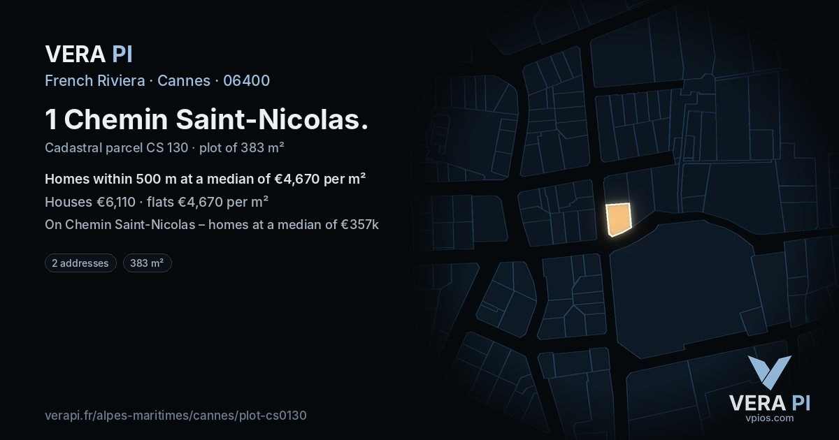 1 Chemin Saint-Nicolas, Cannes at night – the plot lit, the parcels around coloured by the prices near them