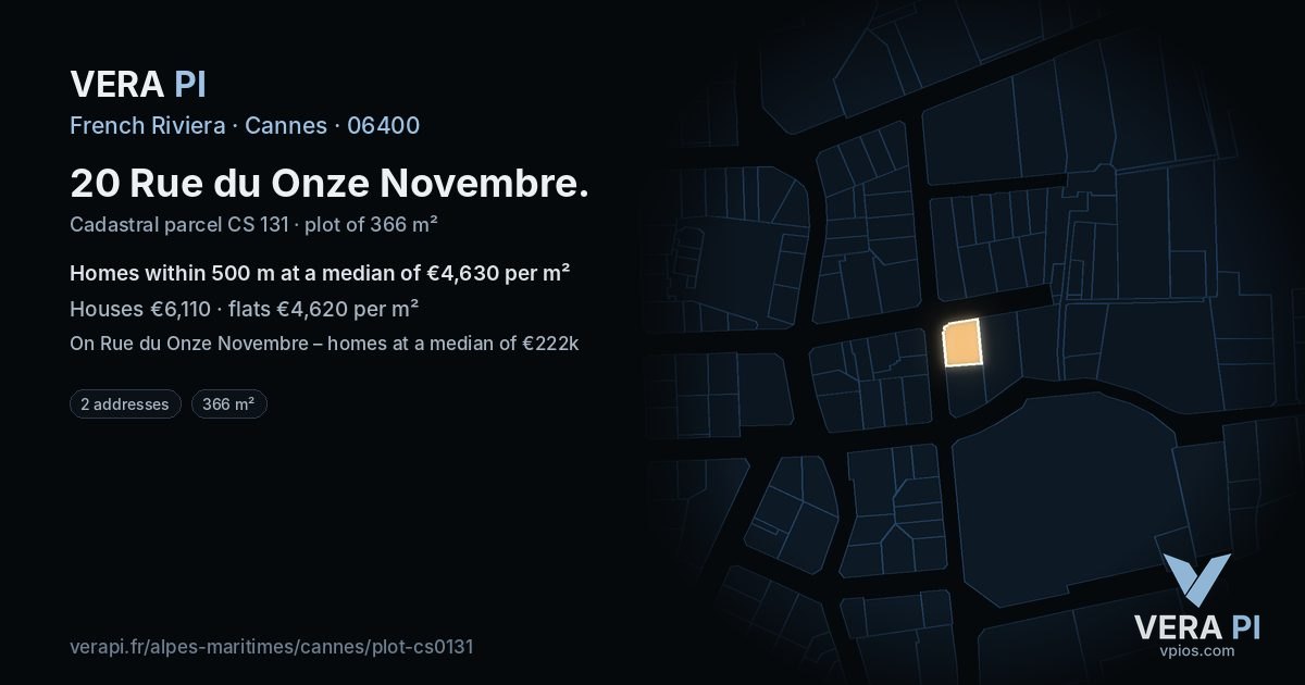 20 Rue du Onze Novembre, Cannes at night – the plot lit, the parcels around coloured by the prices near them