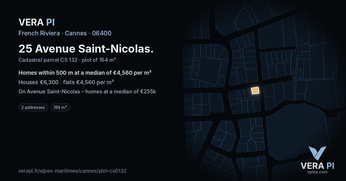 25 Avenue Saint-Nicolas, Cannes at night – the plot lit, the parcels around coloured by the prices near them