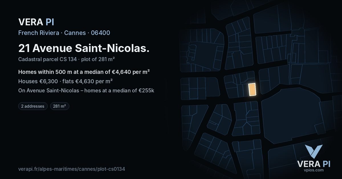 21 Avenue Saint-Nicolas, Cannes at night – the plot lit, the parcels around coloured by the prices near them