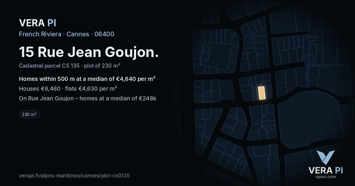 15 Rue Jean Goujon, Cannes at night – the plot lit, the parcels around coloured by the prices near them
