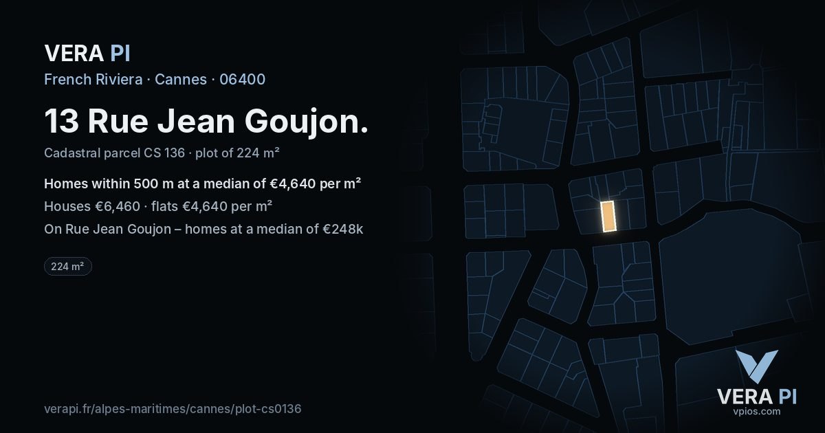 13 Rue Jean Goujon, Cannes at night – the plot lit, the parcels around coloured by the prices near them