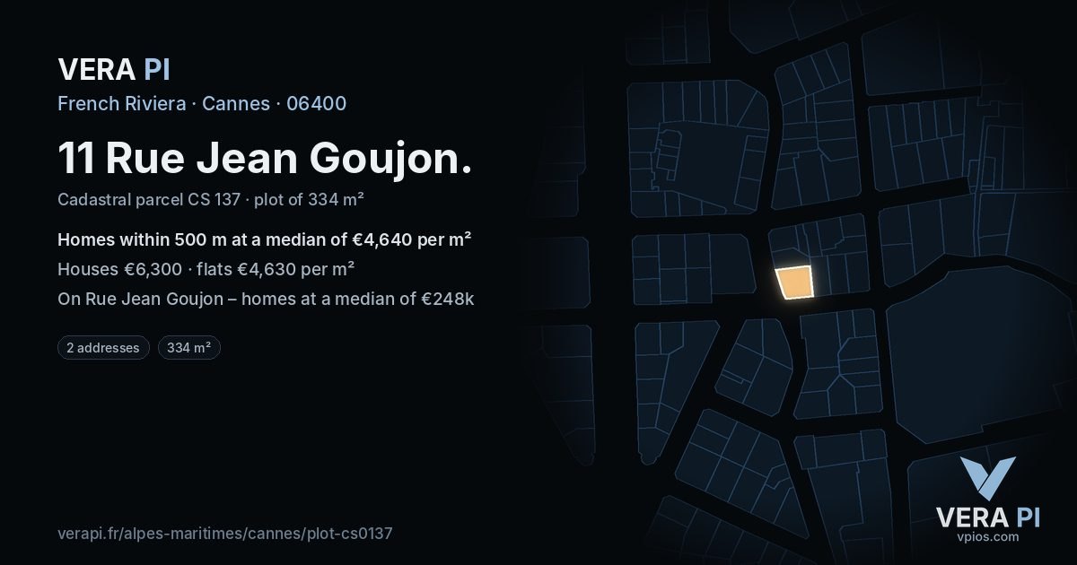 11 Rue Jean Goujon, Cannes at night – the plot lit, the parcels around coloured by the prices near them