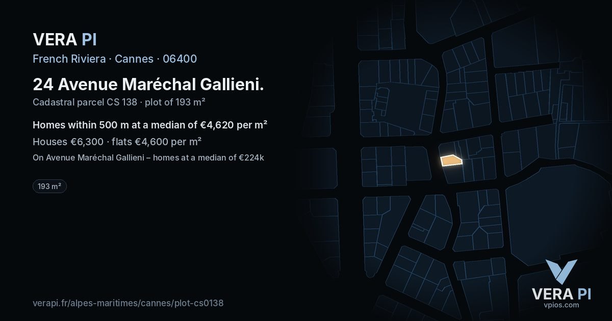 24 Avenue Maréchal Gallieni, Cannes at night – the plot lit, the parcels around coloured by the prices near them