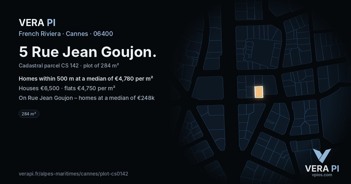 5 Rue Jean Goujon, Cannes at night – the plot lit, the parcels around coloured by the prices near them