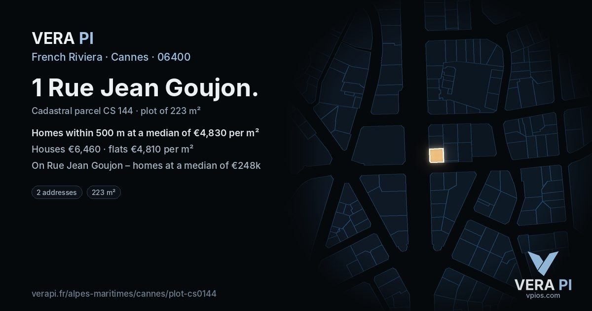 1 Rue Jean Goujon, Cannes at night – the plot lit, the parcels around coloured by the prices near them