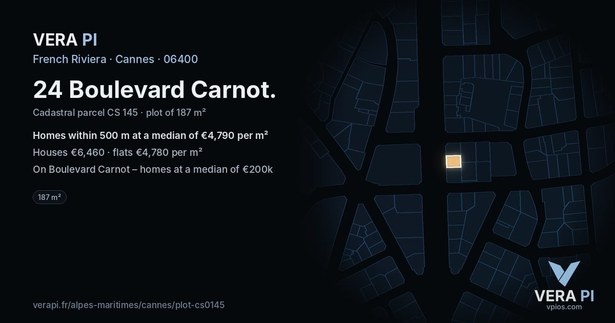 24 Boulevard Carnot, Cannes at night – the plot lit, the parcels around coloured by the prices near them