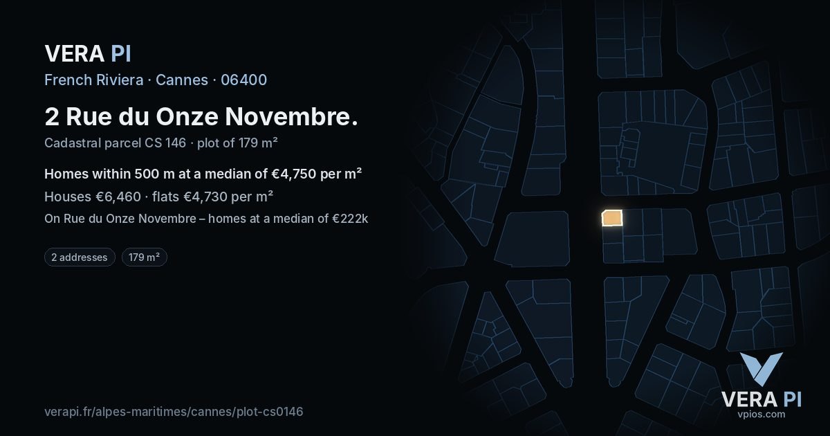 2 Rue du Onze Novembre, Cannes at night – the plot lit, the parcels around coloured by the prices near them