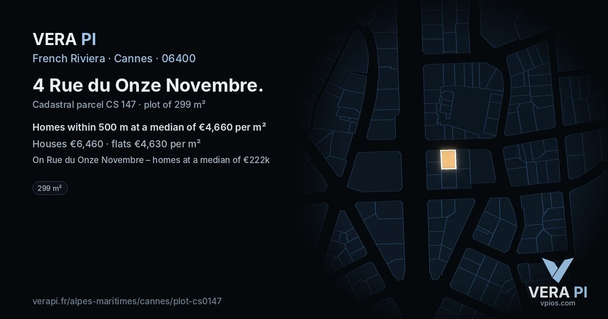 4 Rue du Onze Novembre, Cannes at night – the plot lit, the parcels around coloured by the prices near them