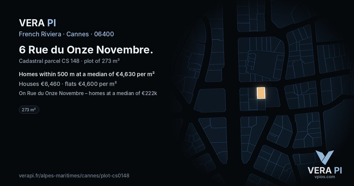 6 Rue du Onze Novembre, Cannes at night – the plot lit, the parcels around coloured by the prices near them