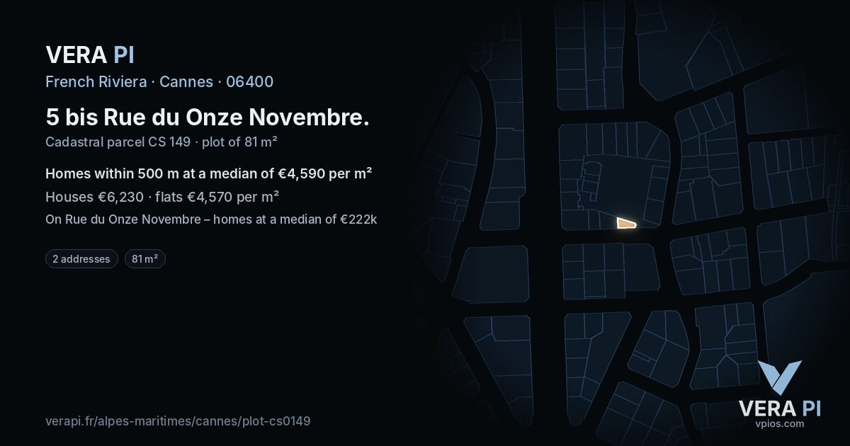 5 bis Rue du Onze Novembre, Cannes at night – the plot lit, the parcels around coloured by the prices near them