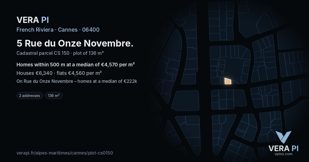 5 Rue du Onze Novembre, Cannes at night – the plot lit, the parcels around coloured by the prices near them