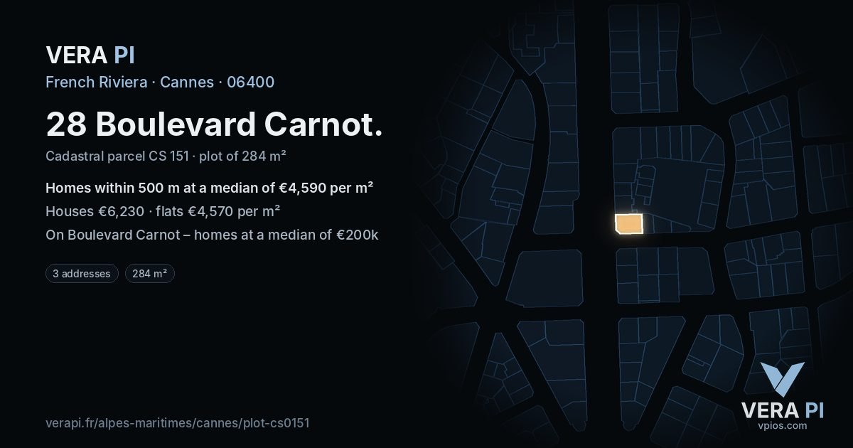 28 Boulevard Carnot, Cannes at night – the plot lit, the parcels around coloured by the prices near them