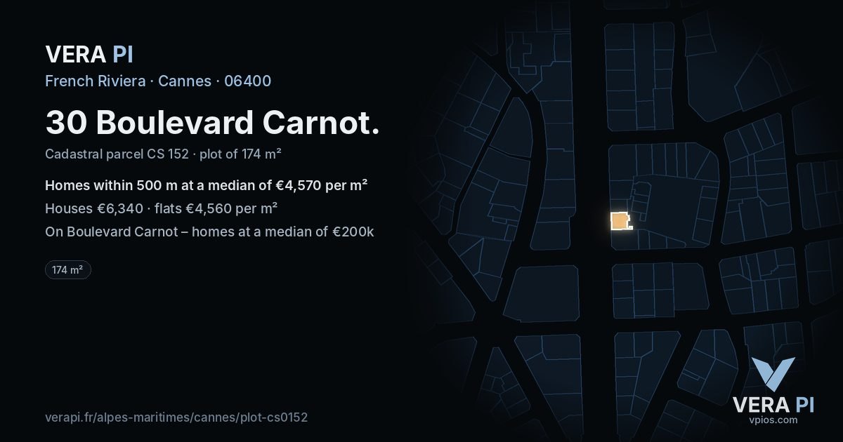 30 Boulevard Carnot, Cannes at night – the plot lit, the parcels around coloured by the prices near them