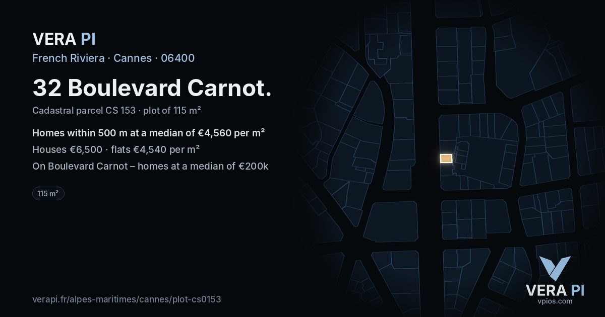 32 Boulevard Carnot, Cannes at night – the plot lit, the parcels around coloured by the prices near them