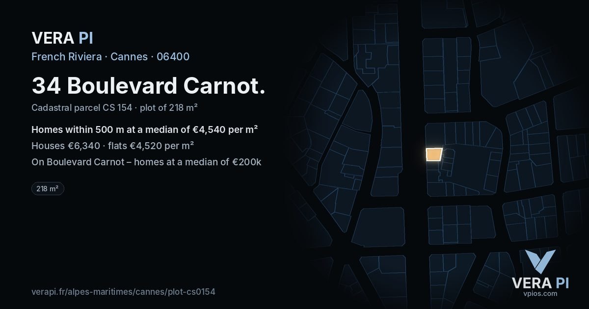 34 Boulevard Carnot, Cannes at night – the plot lit, the parcels around coloured by the prices near them