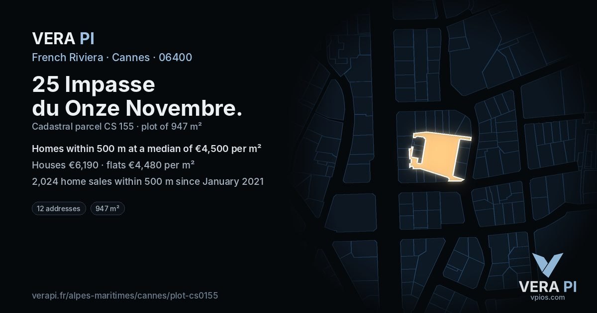 25 Impasse du Onze Novembre, Cannes at night – the plot lit, the parcels around coloured by the prices near them
