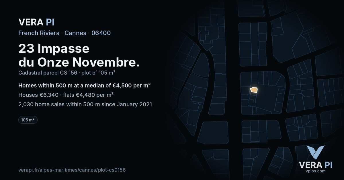 23 Impasse du Onze Novembre, Cannes at night – the plot lit, the parcels around coloured by the prices near them