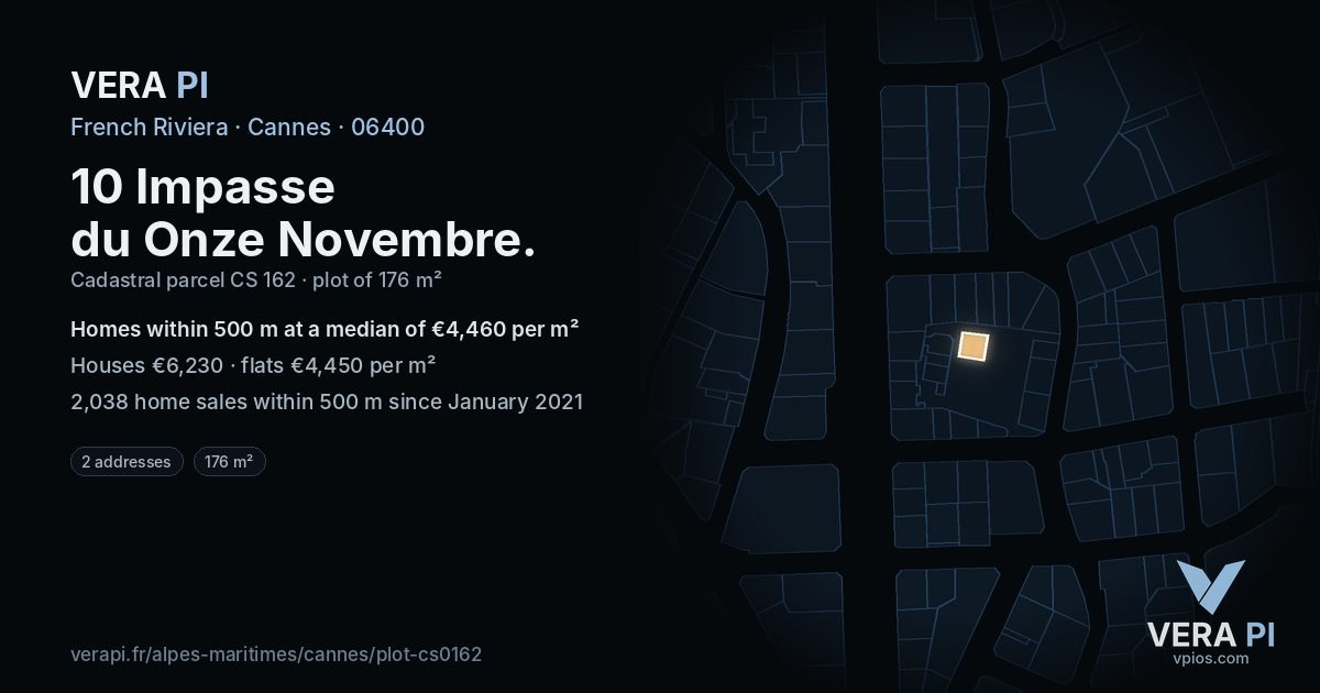 10 Impasse du Onze Novembre, Cannes at night – the plot lit, the parcels around coloured by the prices near them