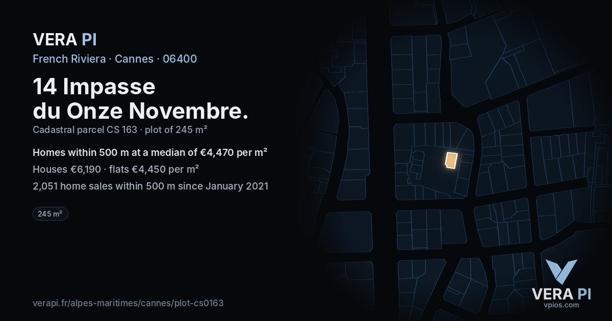 14 Impasse du Onze Novembre, Cannes at night – the plot lit, the parcels around coloured by the prices near them