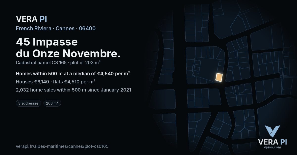 45 Impasse du Onze Novembre, Cannes at night – the plot lit, the parcels around coloured by the prices near them