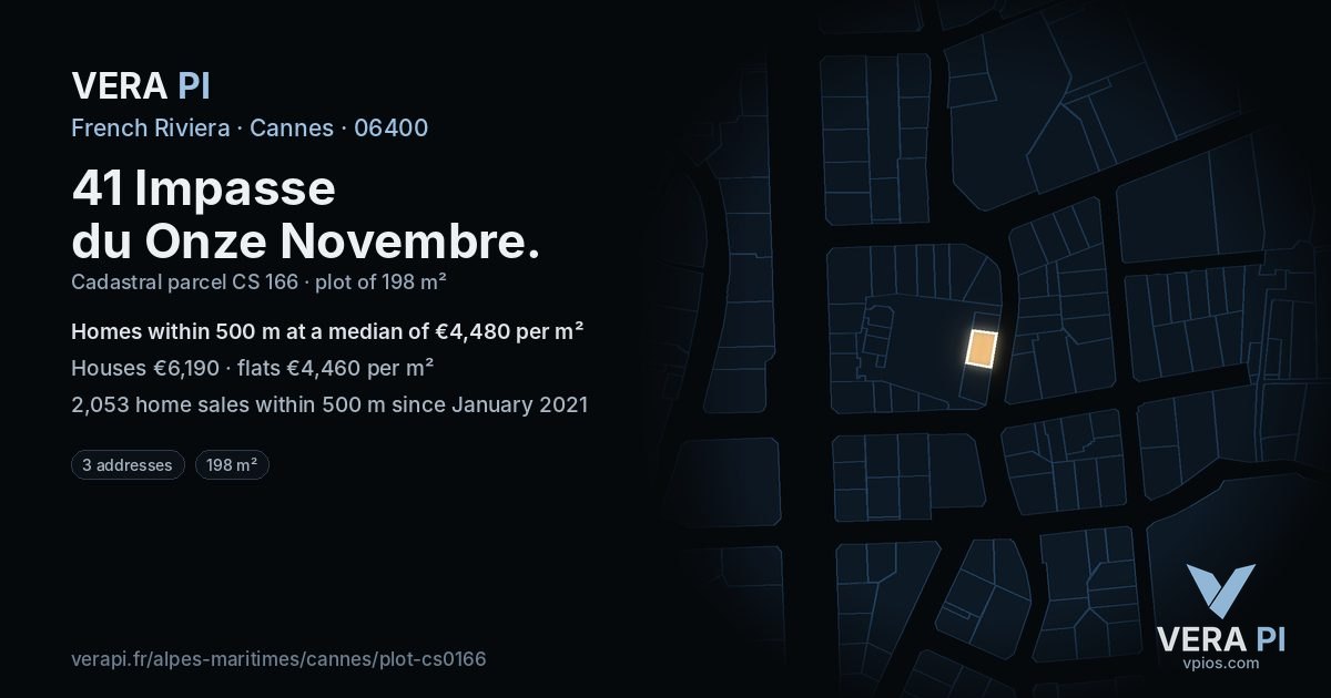 41 Impasse du Onze Novembre, Cannes at night – the plot lit, the parcels around coloured by the prices near them