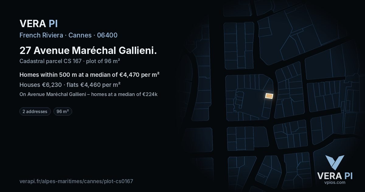 27 Avenue Maréchal Gallieni, Cannes at night – the plot lit, the parcels around coloured by the prices near them