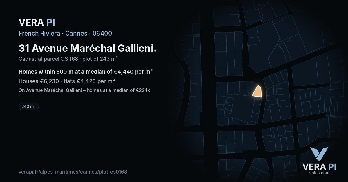 31 Avenue Maréchal Gallieni, Cannes at night – the plot lit, the parcels around coloured by the prices near them